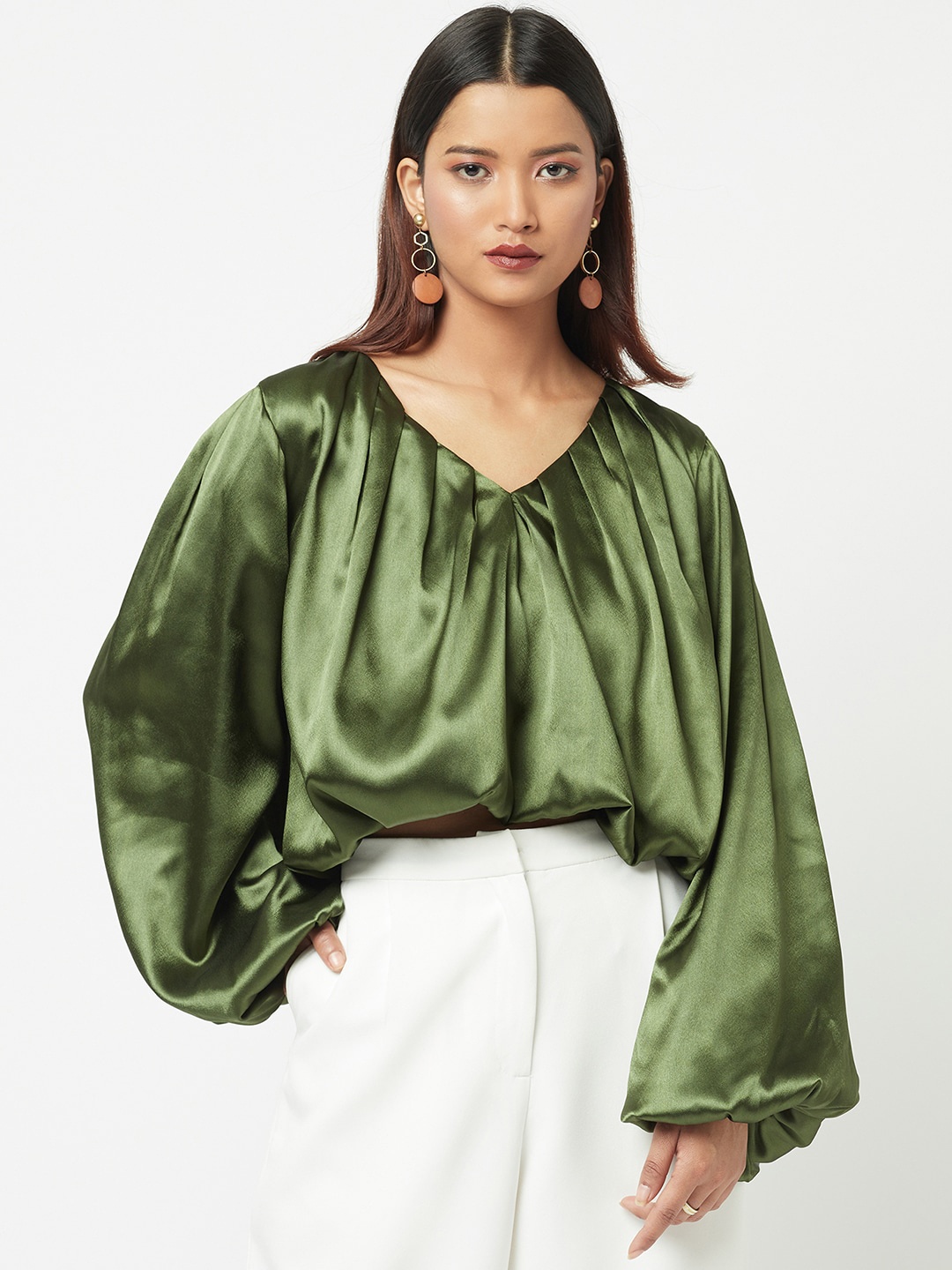 

ATTIC SALT Women Green Flared Sleeve Solid Satin Top