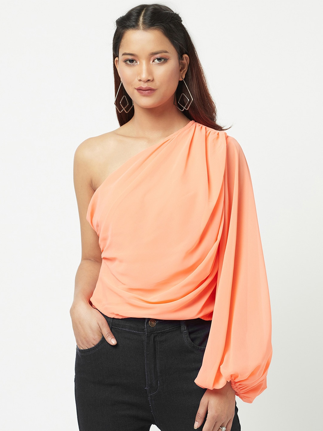 

ATTIC SALT Orange One Shoulder Georgette Top
