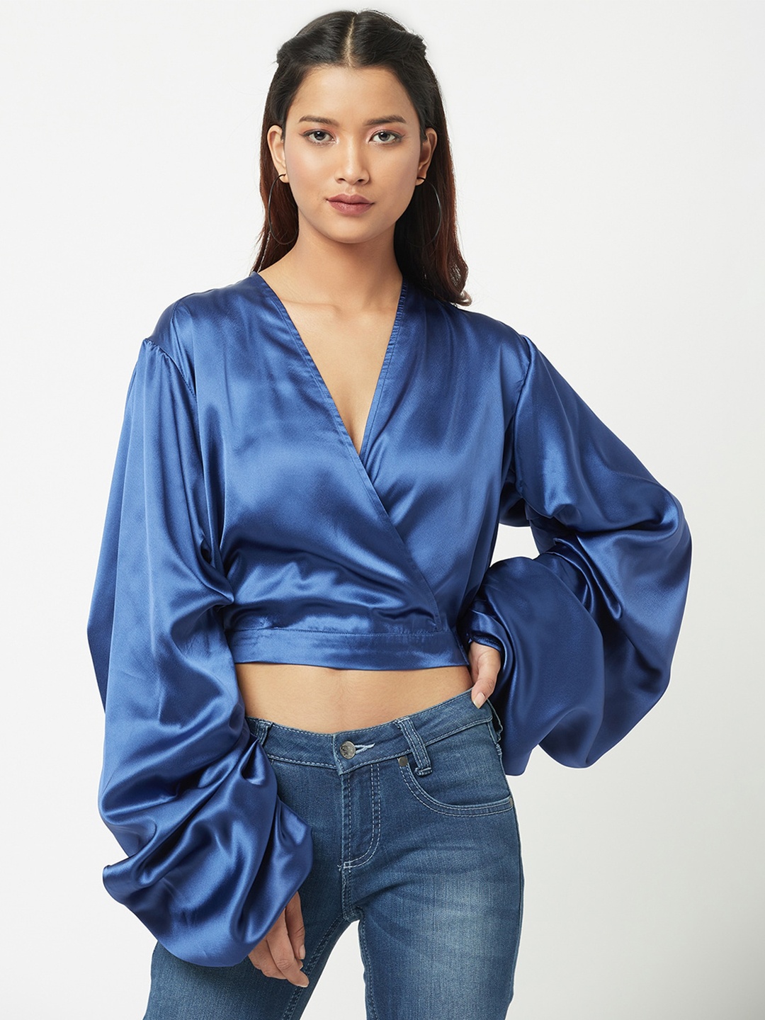 

ATTIC SALT Women Blue Satin Wrap Crop Top