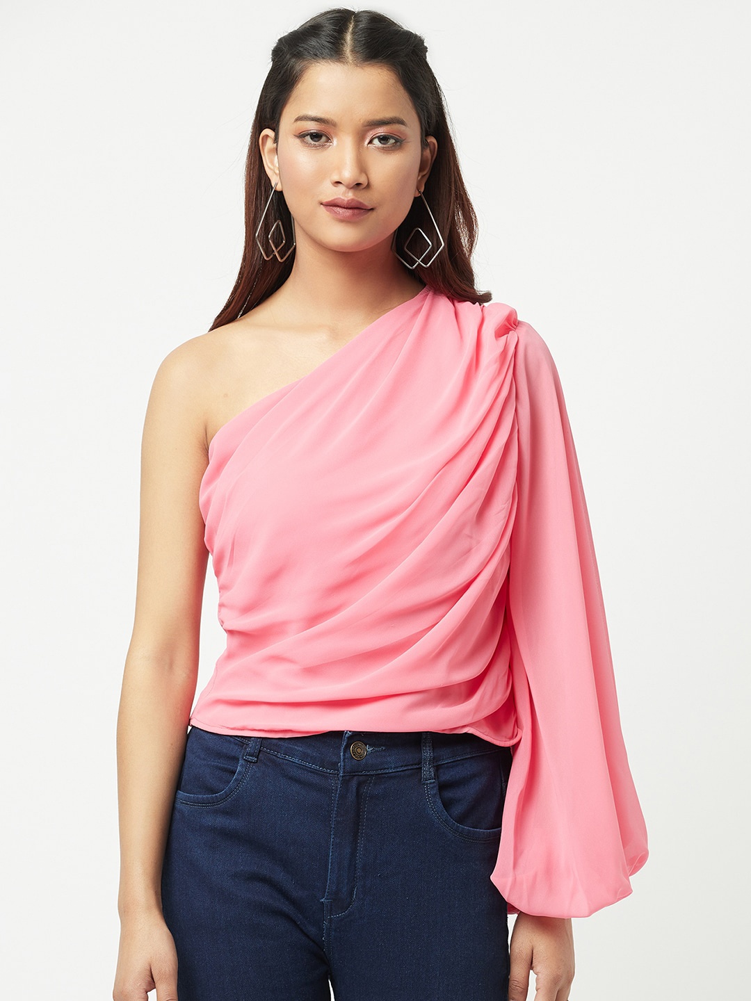 

ATTIC SALT Pink Solid One Shoulder Georgette Top