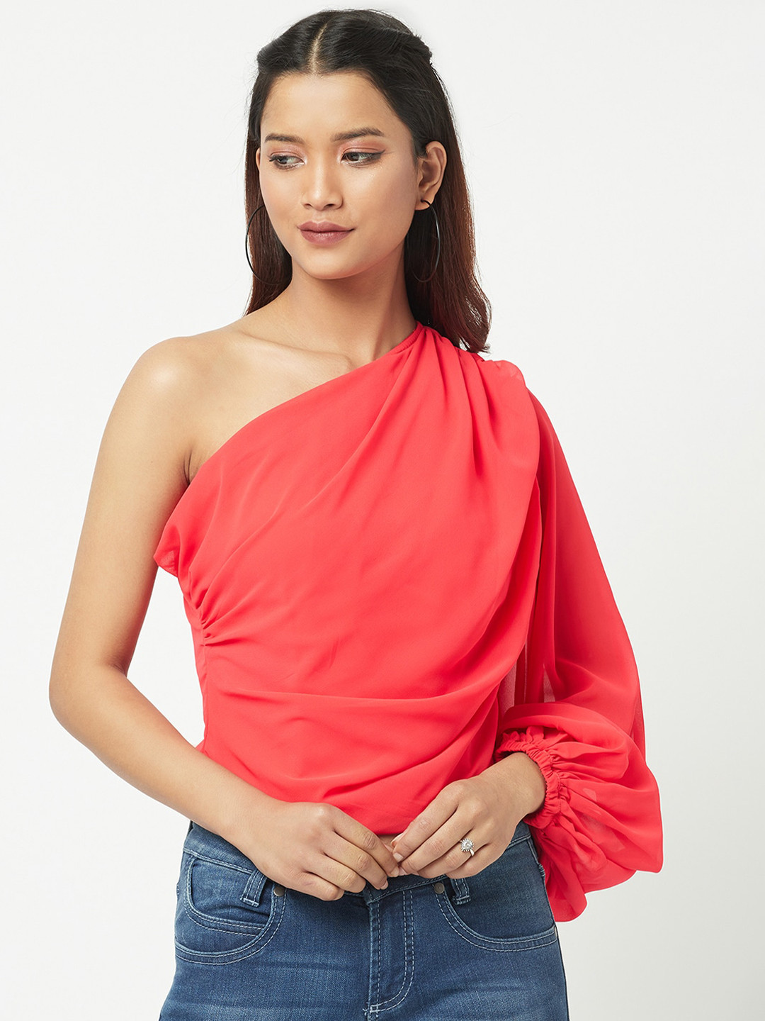 

ATTIC SALT Red One Shoulder Georgette Crop Top