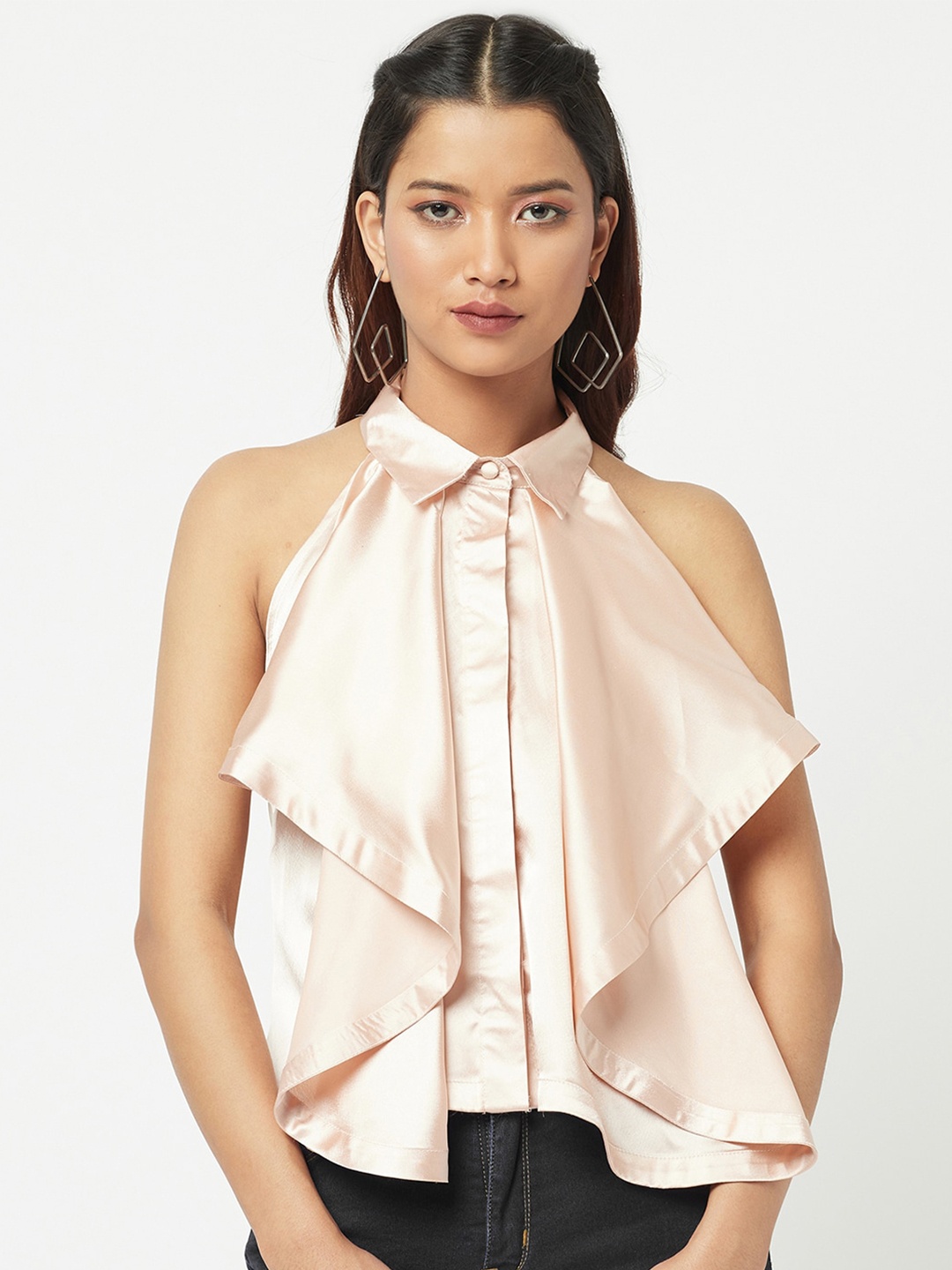 

ATTIC SALT Nude-Coloured Solid Ruffled Satin Top