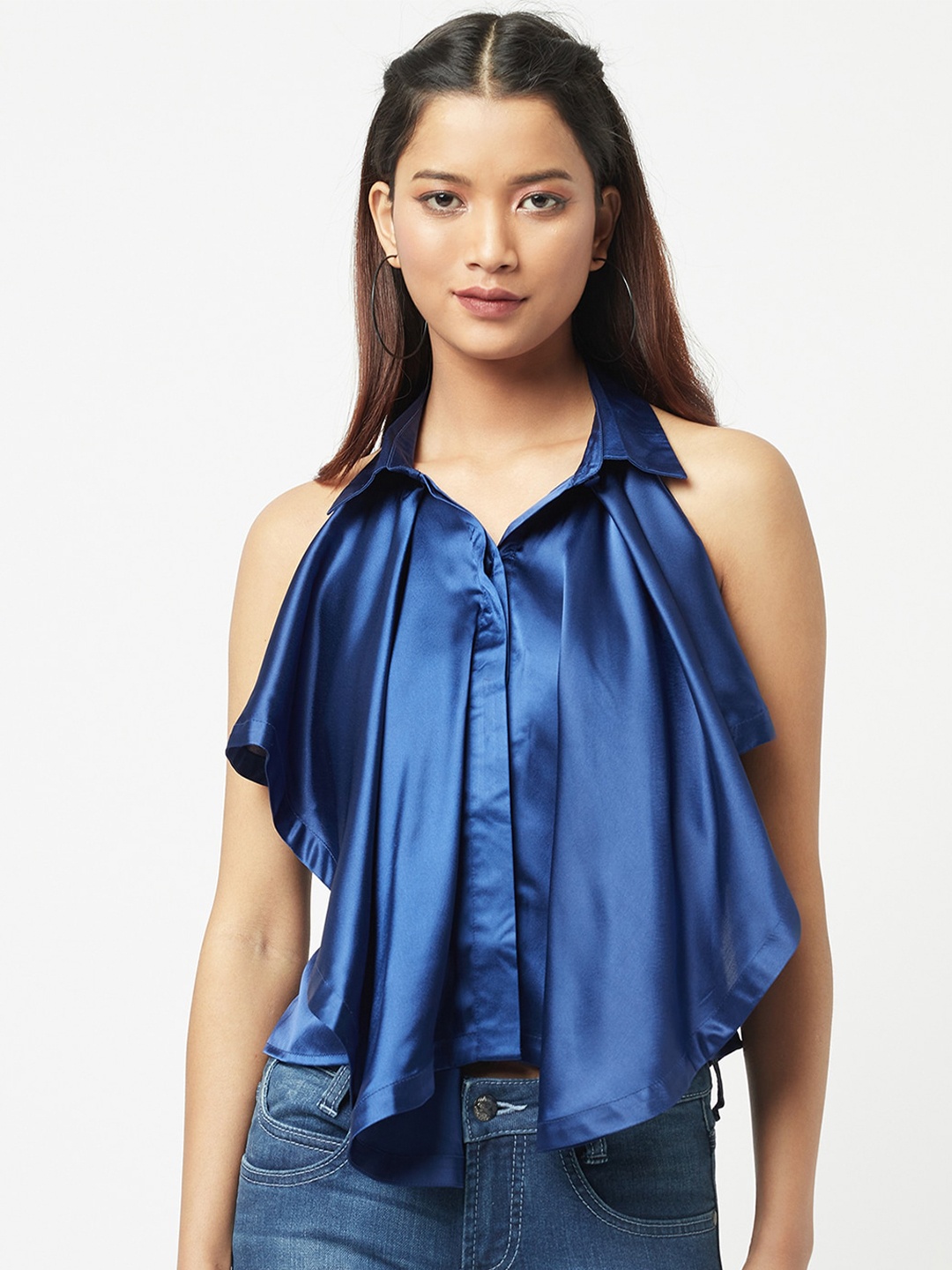 

ATTIC SALT Blue Satin Shirt Style Top