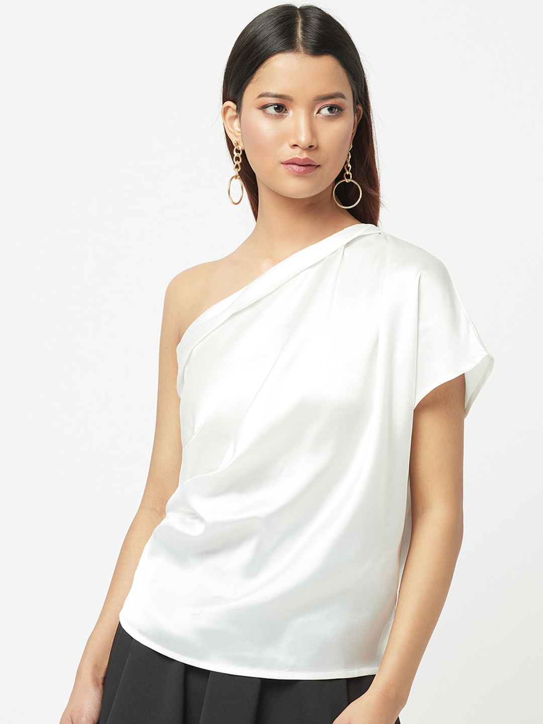 

ATTIC SALT White One Shoulder Extended Sleeves Satin Top