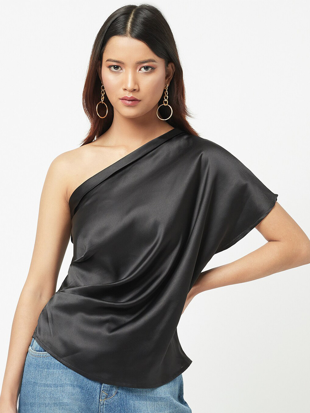 

ATTIC SALT Black One Shoulder Extended Sleeves Satin Ruched Top