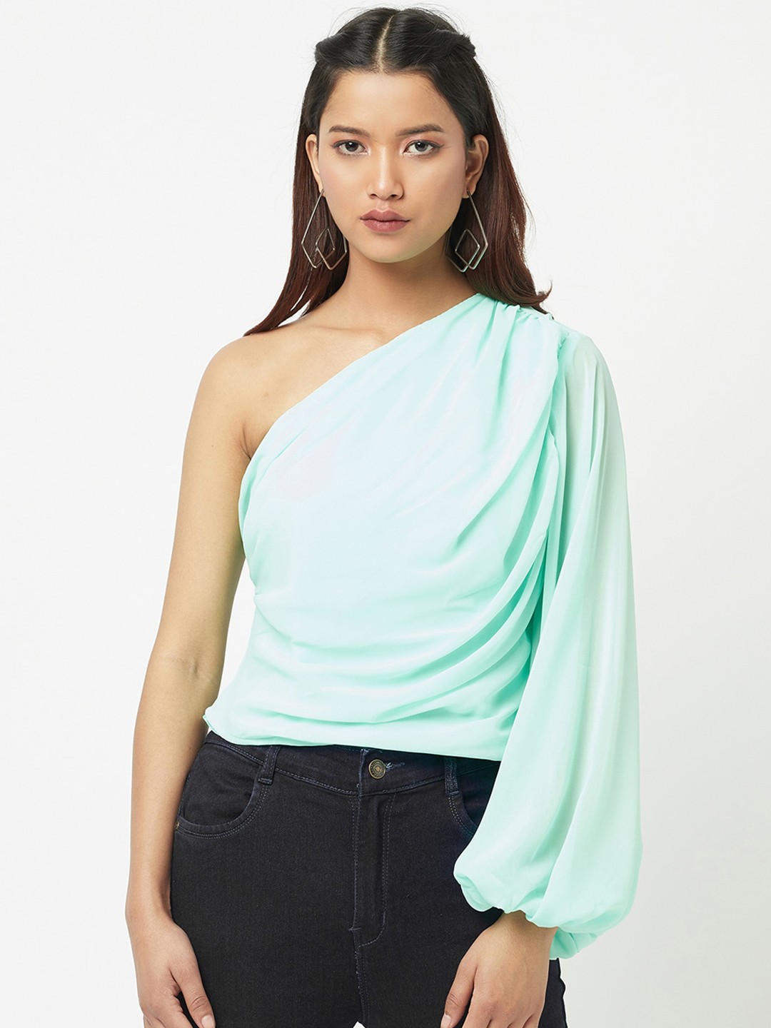 

ATTIC SALT Blue One Shoulder Georgette Top