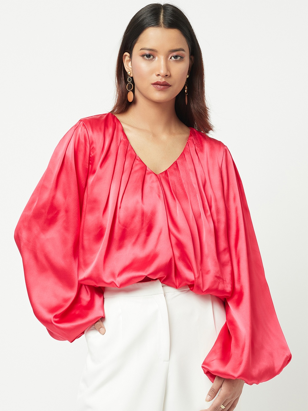 

ATTIC SALT Red Satin Blouson Top