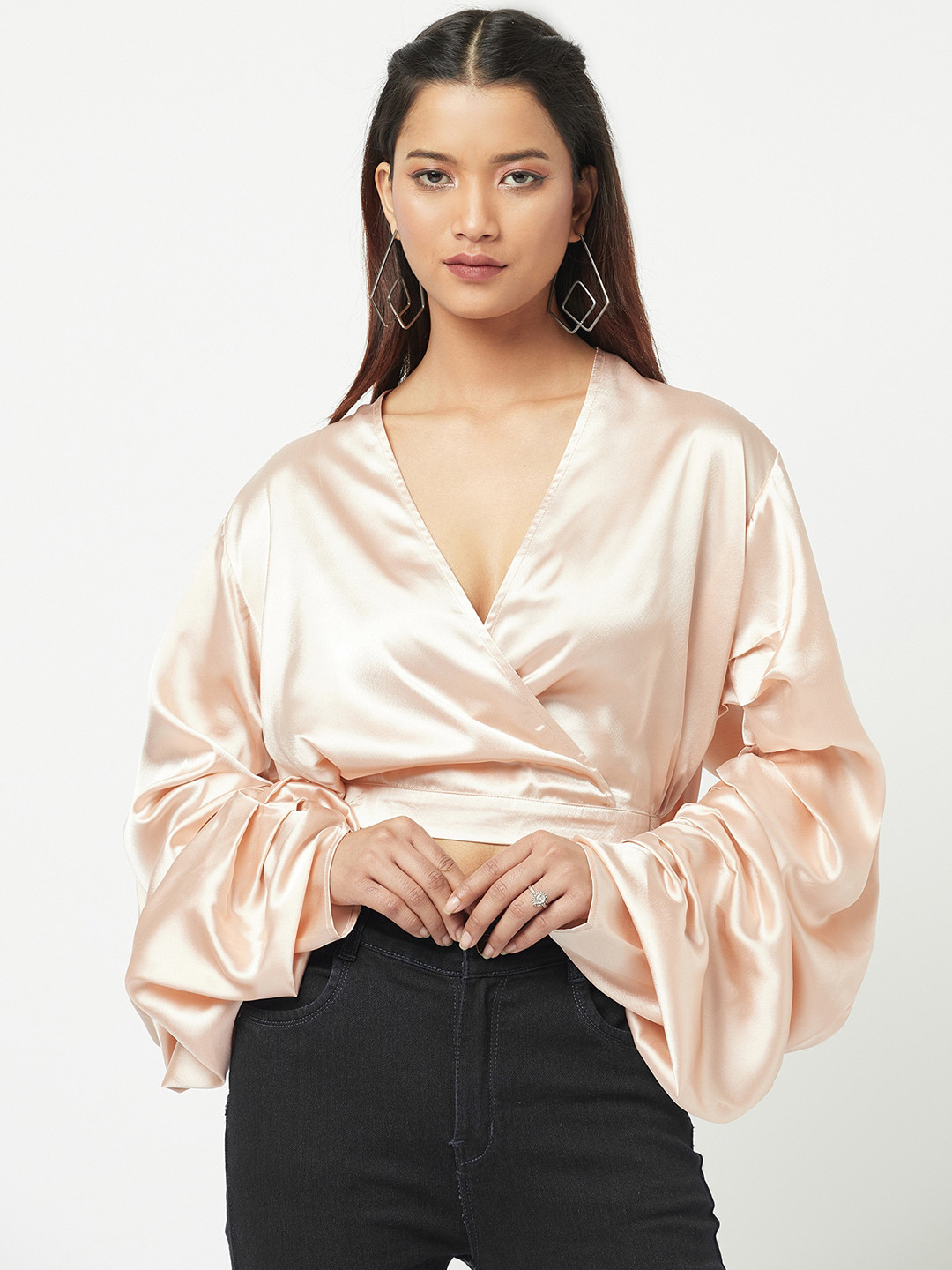 

ATTIC SALT Women Nude Satin Wrap Crop Top