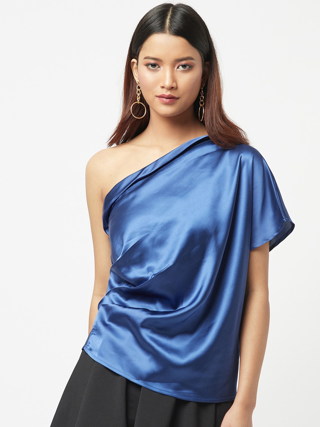 

ATTIC SALT Blue One Shoulder Satin Top