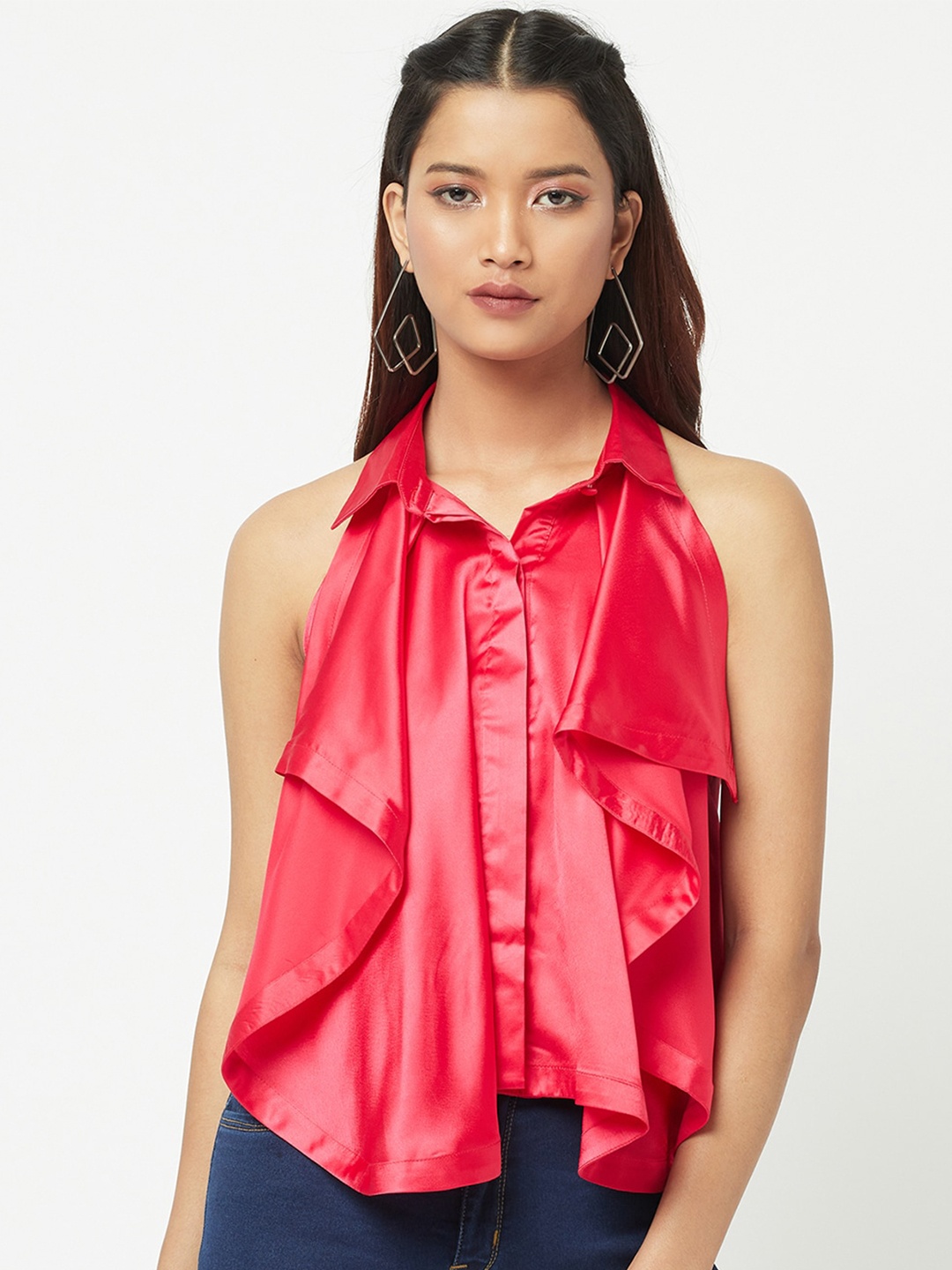 

ATTIC SALT Women Red Ruffle Satin Top