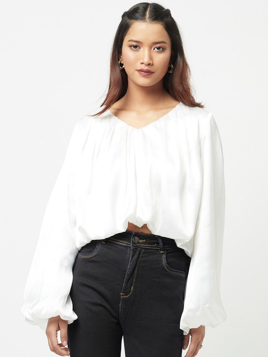 

ATTIC SALT White Bishop Sleeves Satin Blouson Top