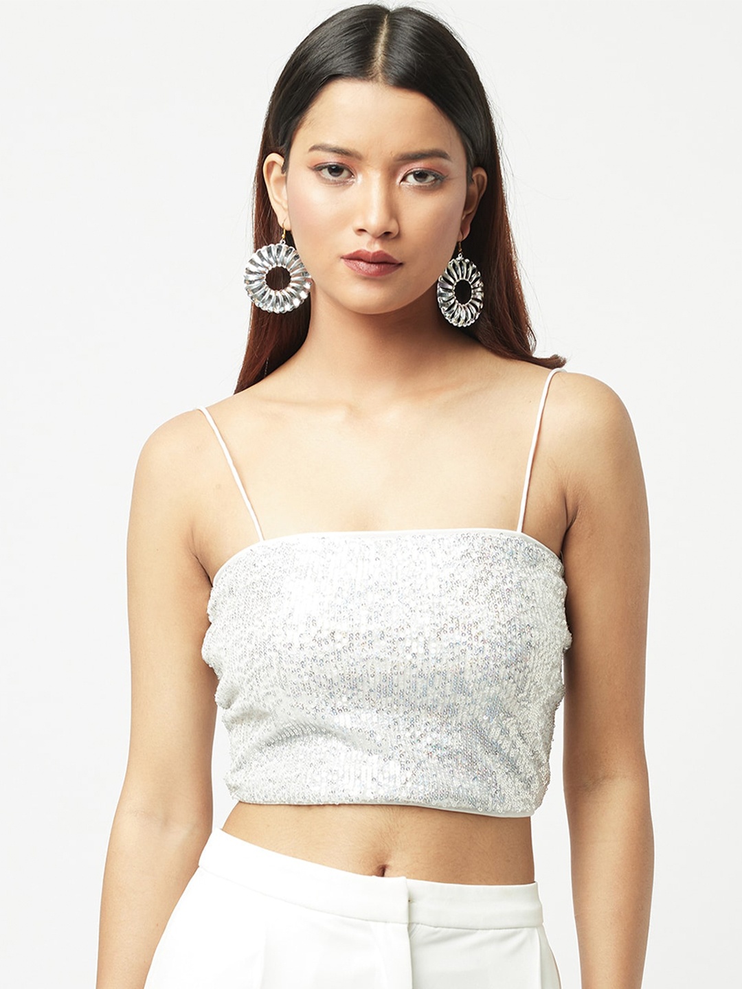 

ATTIC SALT Women White Sequinned Tank Top