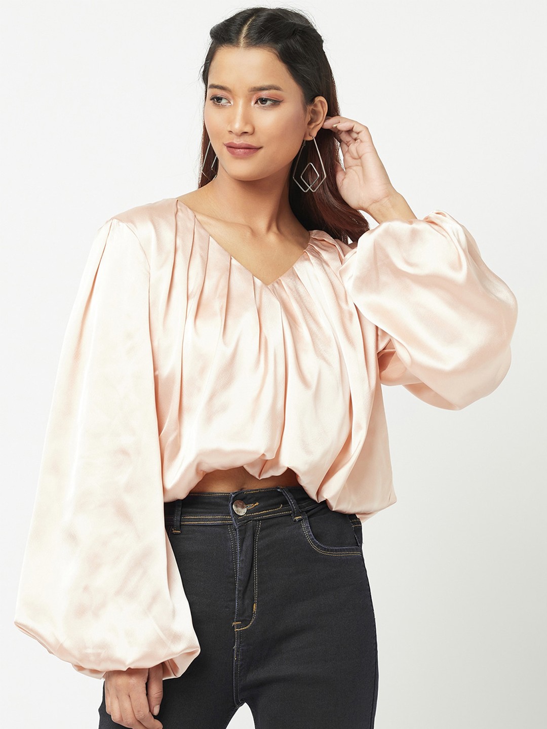 

ATTIC SALT Women Nude-Coloured Solid Puff Sleeves Satin Top