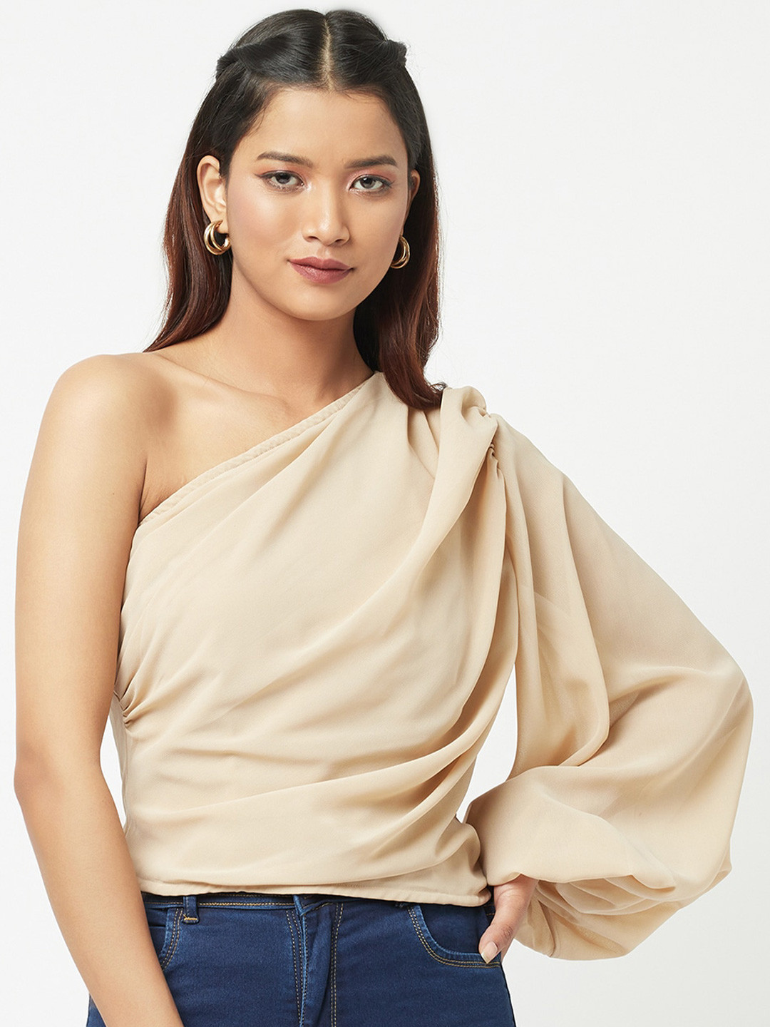 

ATTIC SALT Beige One Shoulder Georgette Top