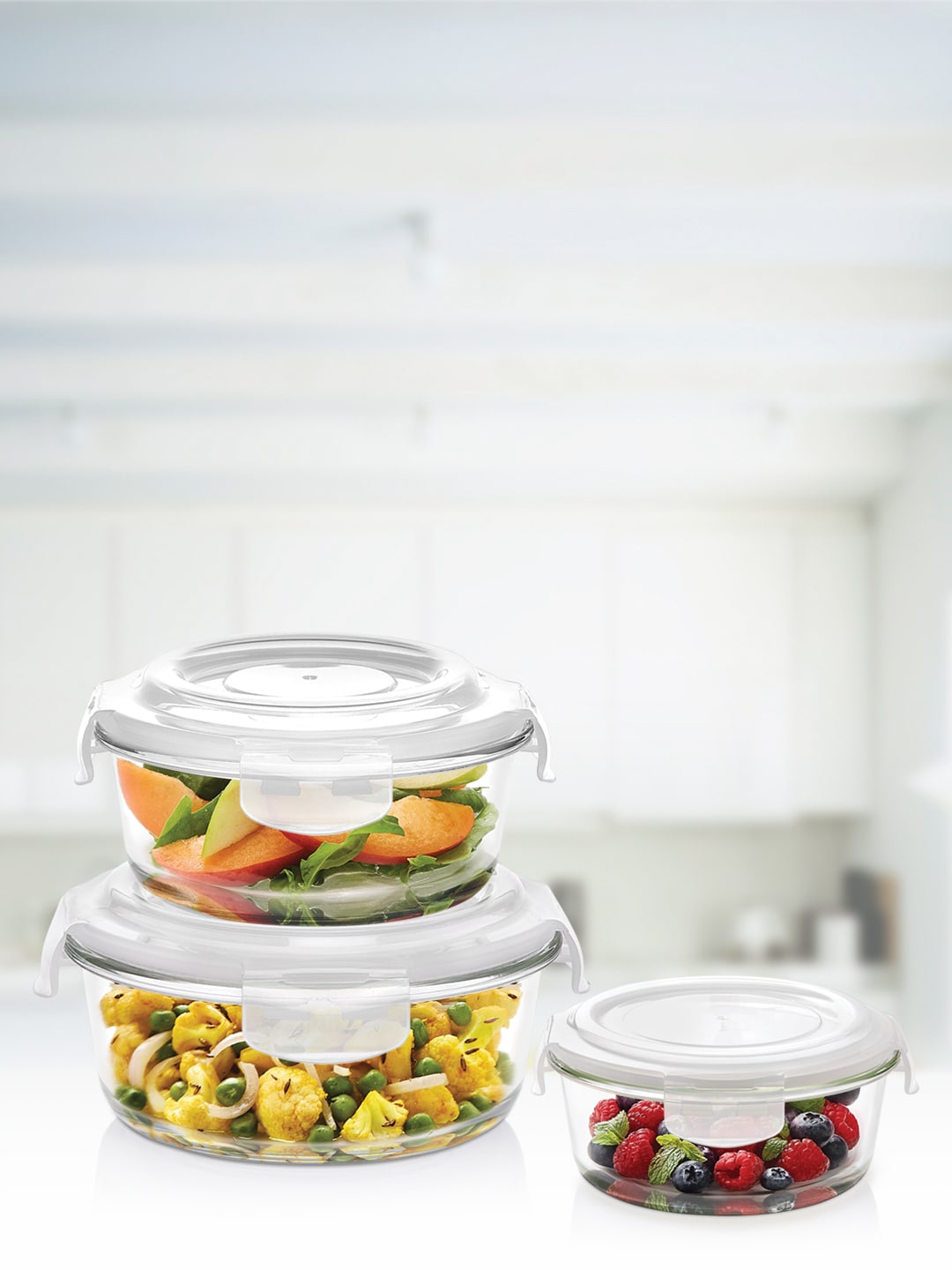 

BOROSIL Set Of 3 Transparent Solid Air-Tight Klip-N-Store Glass Storage Container