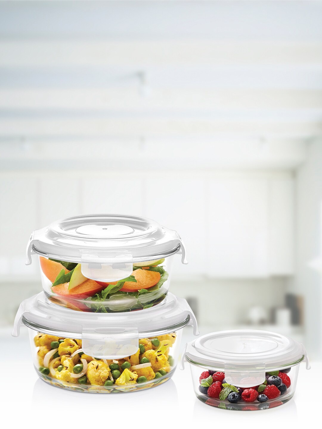 

BOROSIL Klip-N-Store Set Of 3 Solid Microwave & Oven Safe Glass Storage Container, Transparent