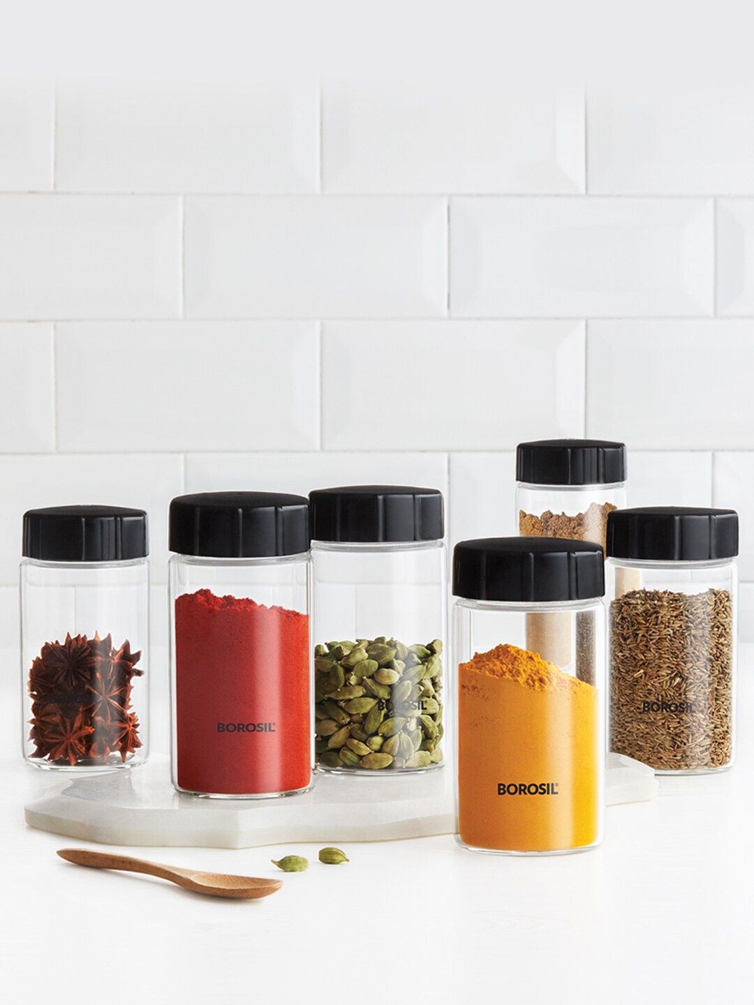 

BOROSIL Neo Spice Set Of 6 Transparent Solid Air-Tight Neo Spice Glass Storage Container