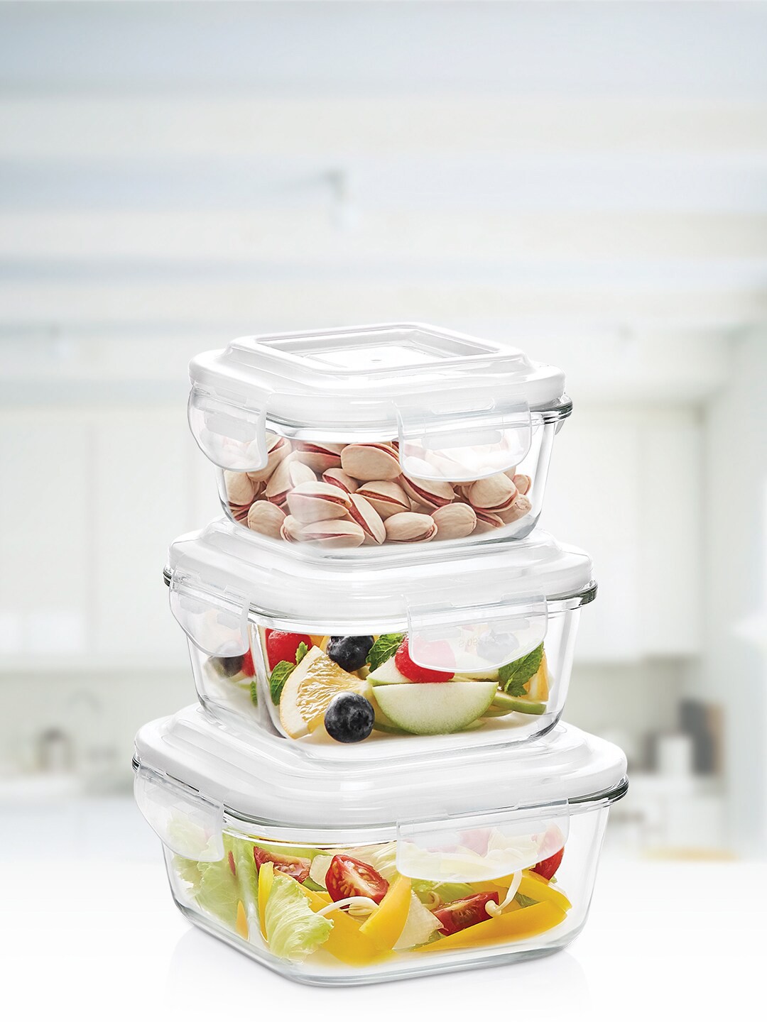 

BOROSIL Set Of 3 Transparent Solid Klip N Store Glass Storage Containers