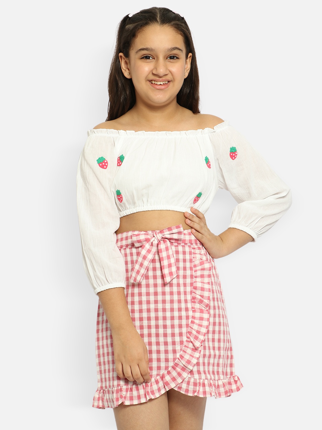 

Natilene Girls White & Pink Top & Skirt