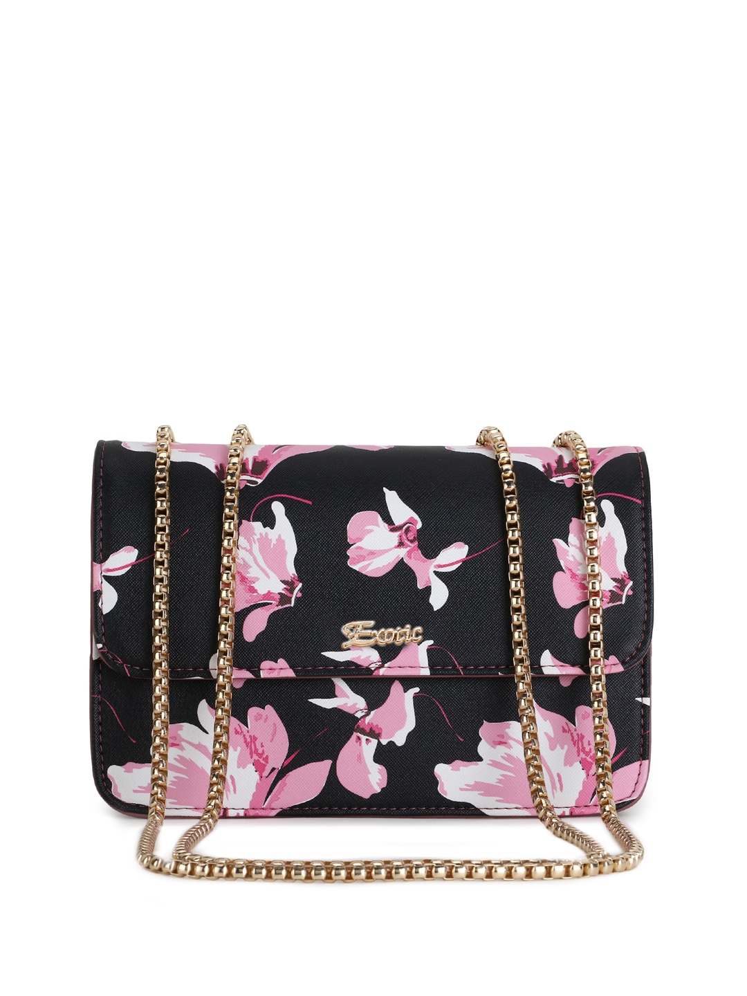 

Exotic Black Floral Printed PU Structured Sling Bag