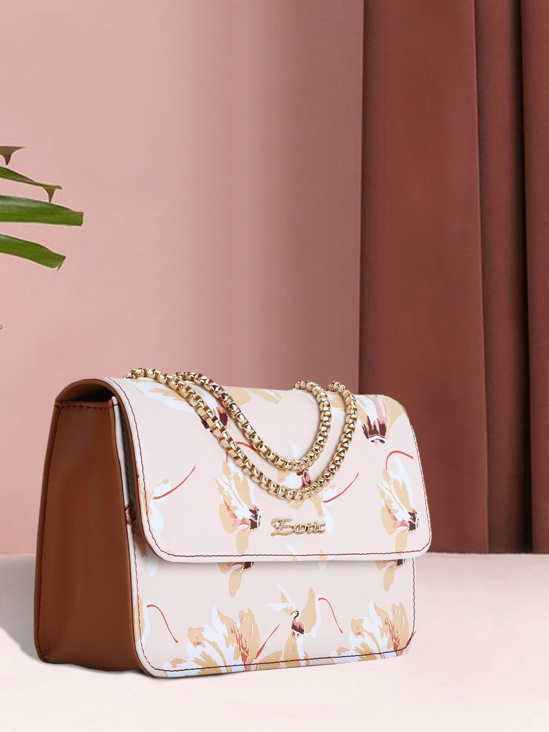 

Exotic Cream-Coloured Floral Print PU Swagger Sling Bag