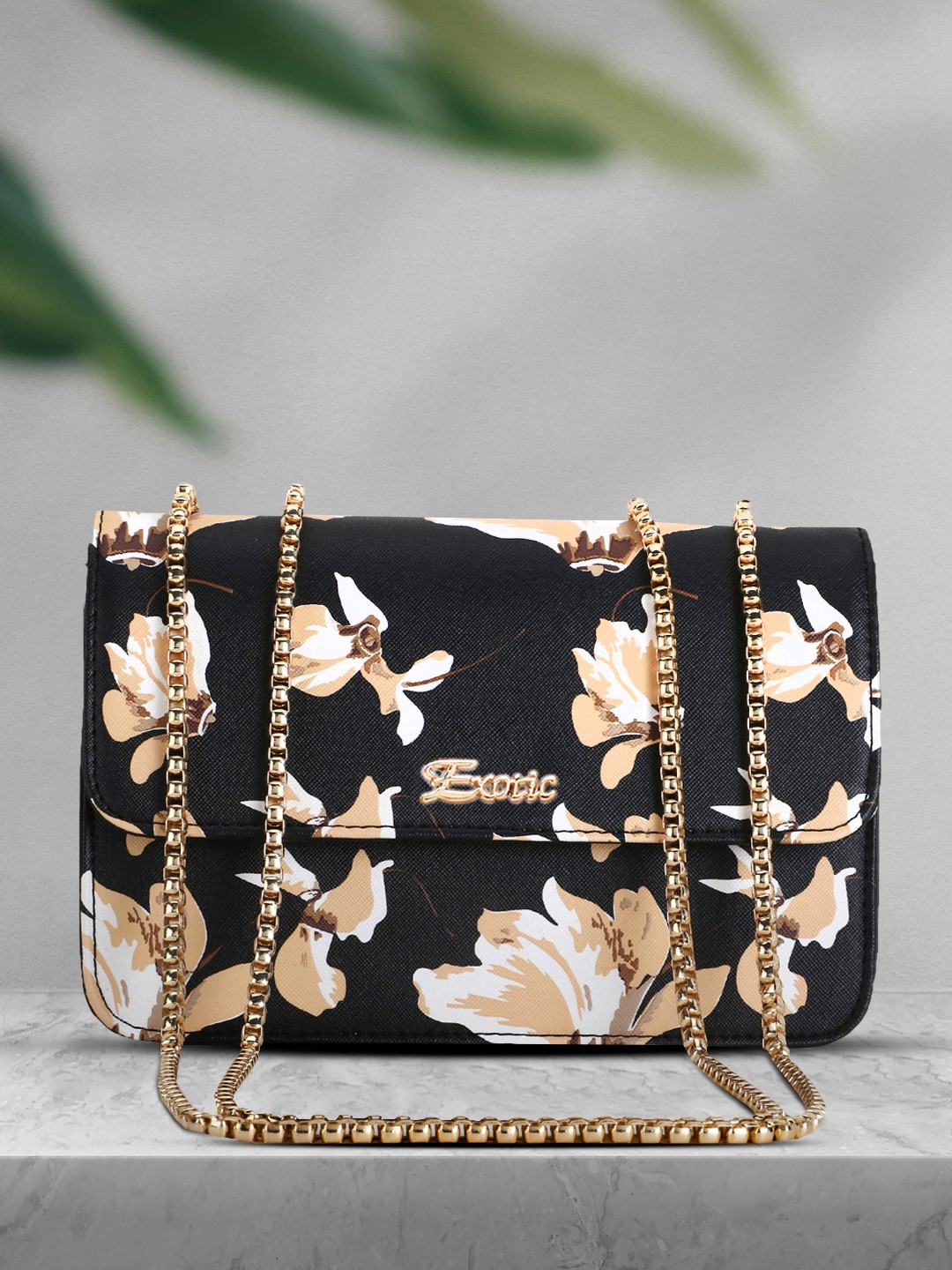 

Exotic Black Floral Printed PU Structured Sling Bag