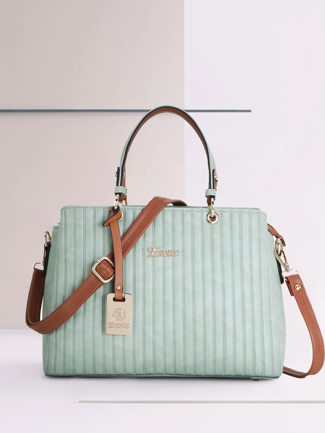 

Exotic Green Striped PU Structured Quilted Handheld Bag