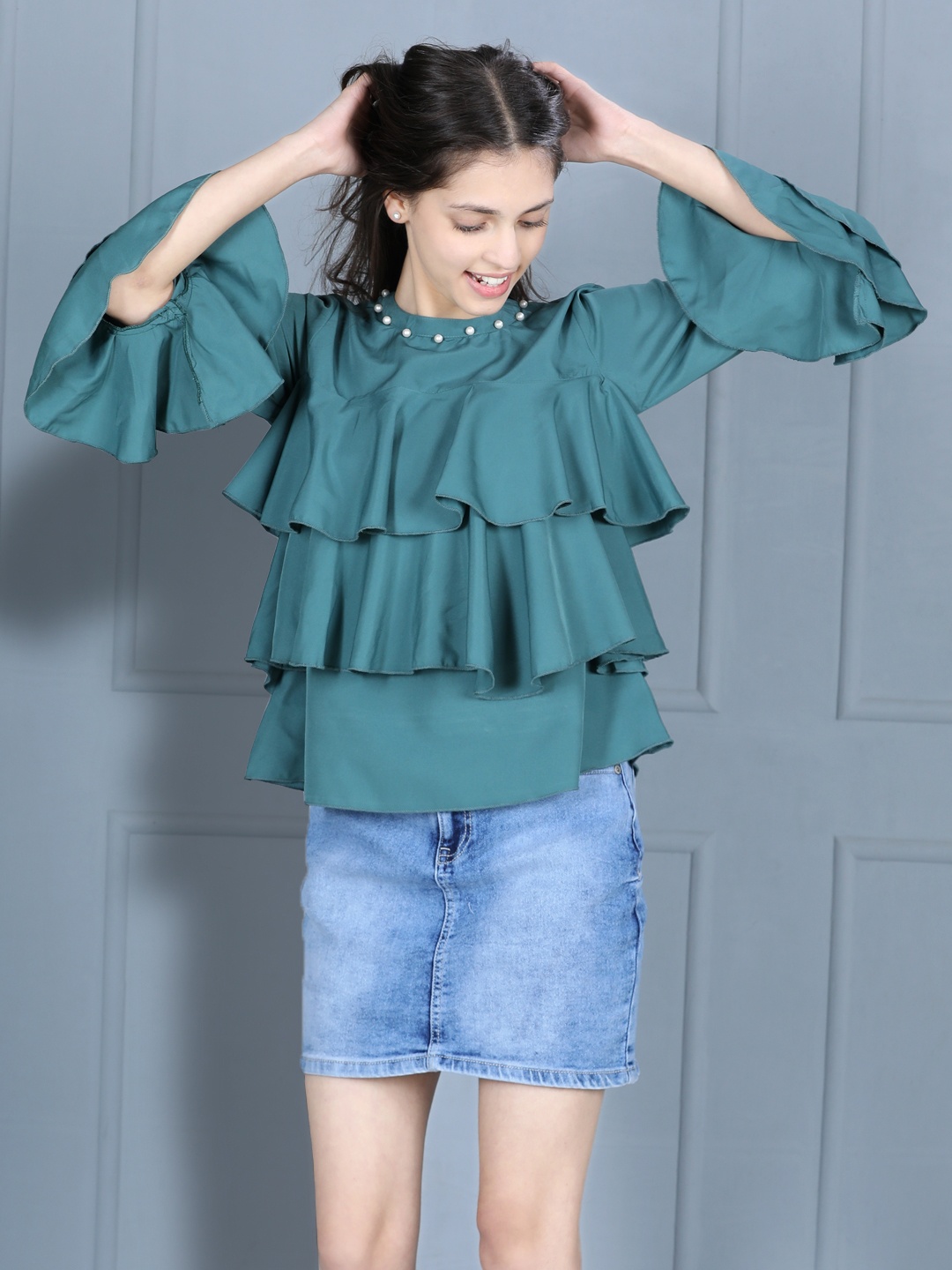 

Cutiekins Women Blue Ruffled Crepe Tiered Top