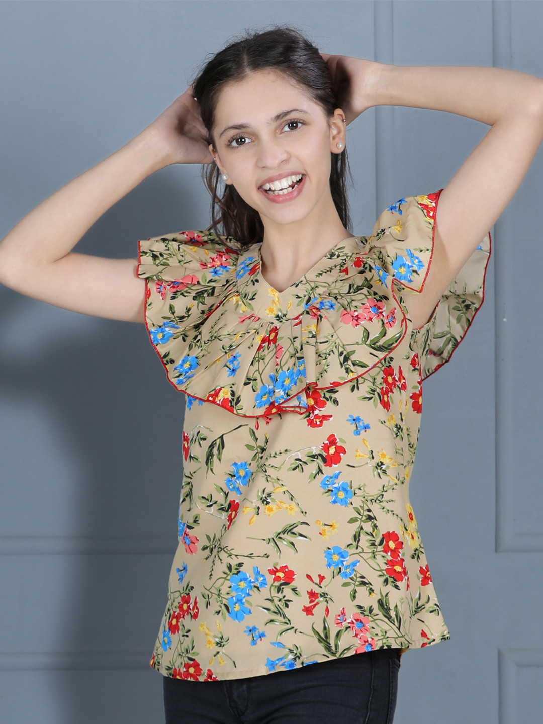 

Cutiekins Girls Beige Floral Print Ruffles Top