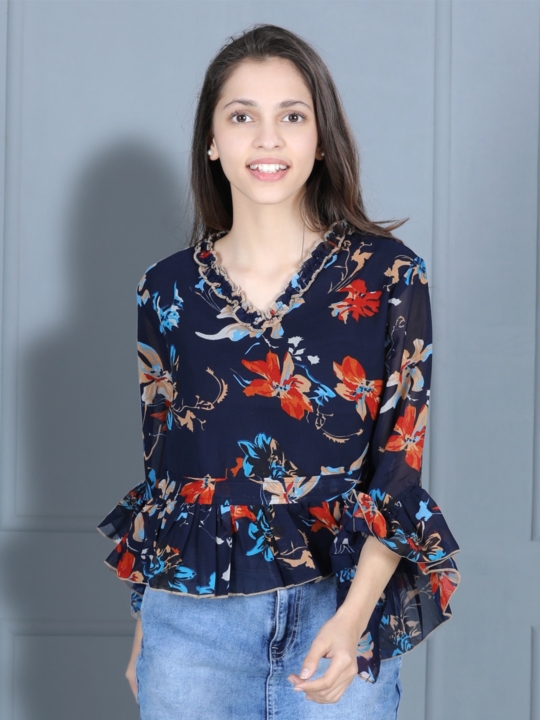 

Cutiekins Navy Blue Floral Print Crepe Top