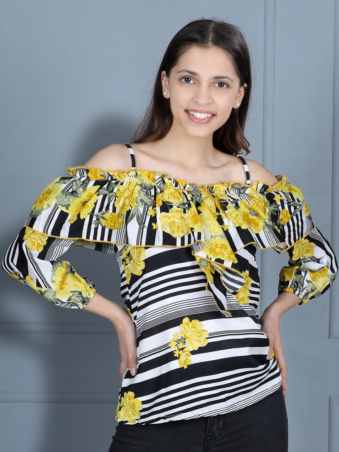 

Cutiekins Black Floral Print Ruffles Off Shoulder Top