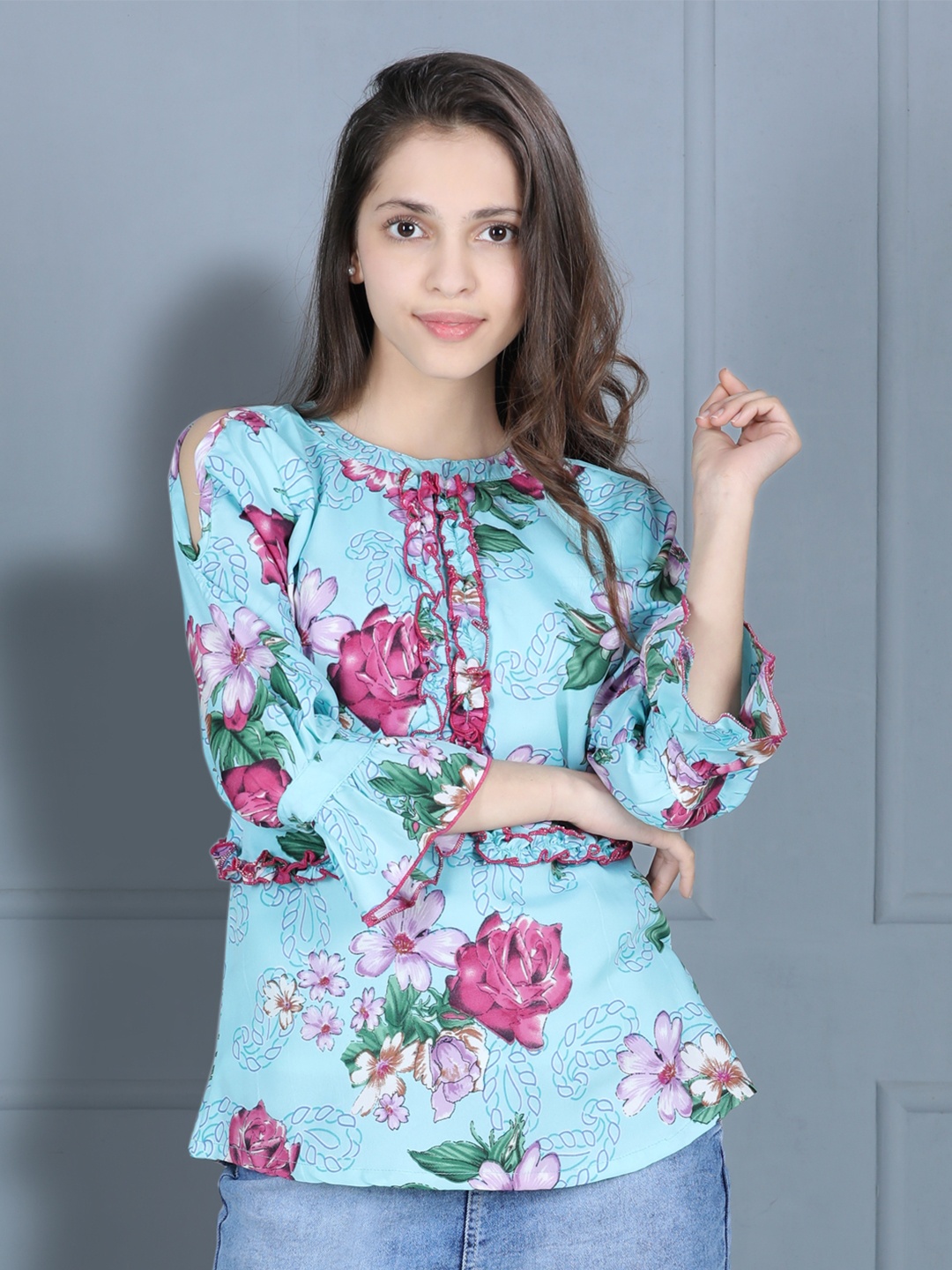 

Cutiekins Girls Turquoise Blue Floral Print Tie-Up Neck Ruffles Crepe Top