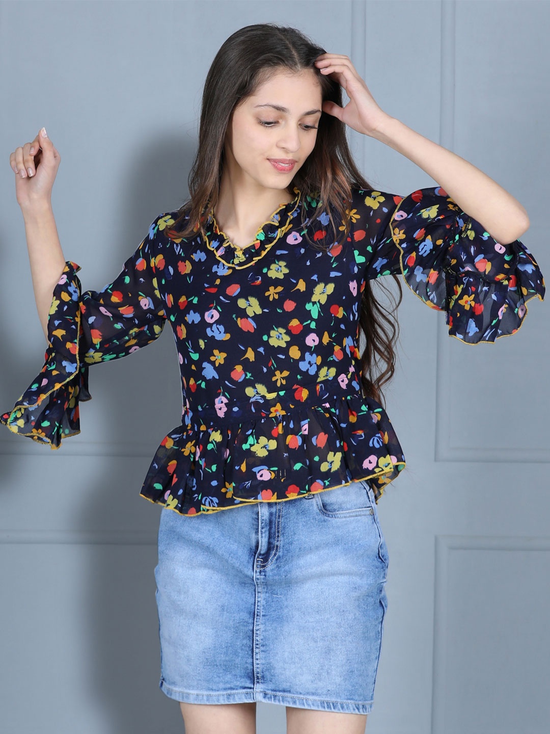 

Cutiekins Girls Navy Blue Floral Printed Ruffles Crepe Top