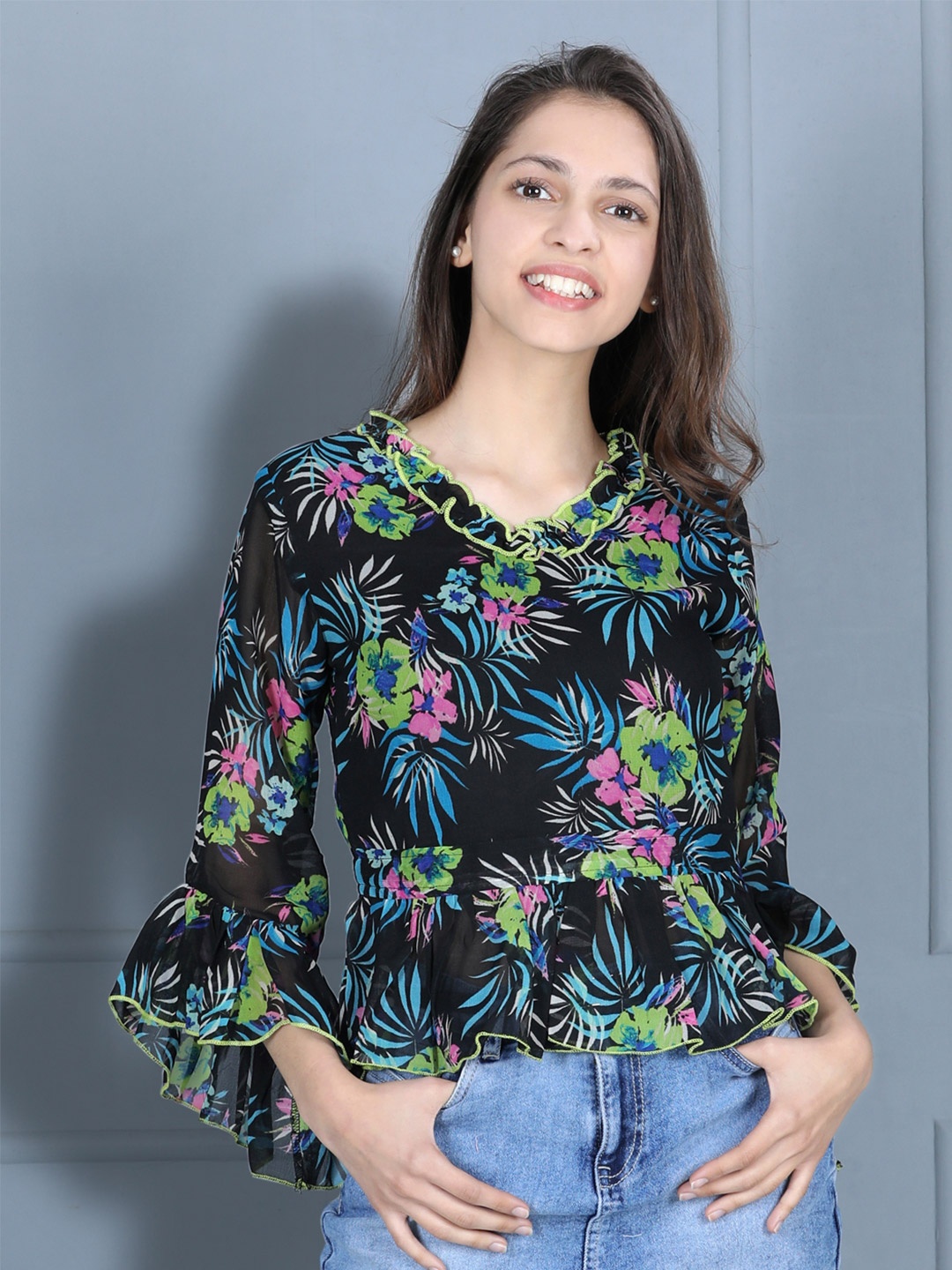 

Cutiekins Girls Black & Green Floral Print Ruffles Crepe Top