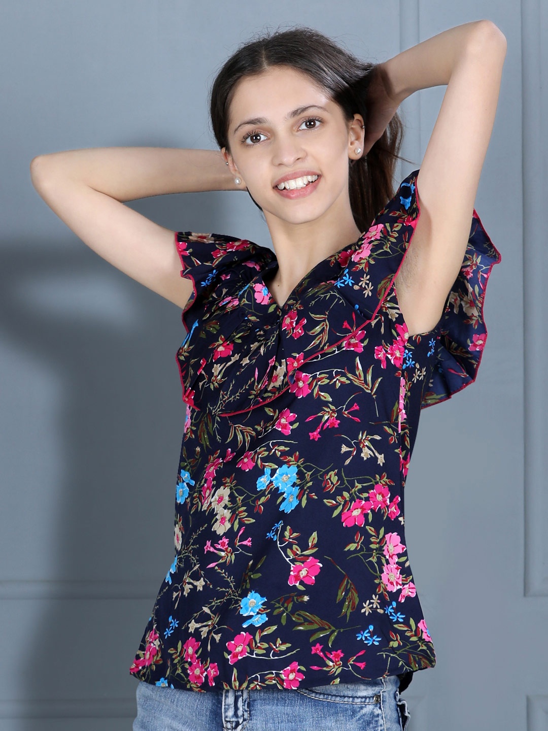 

Cutiekins Black & Pink Floral Print Crepe Top