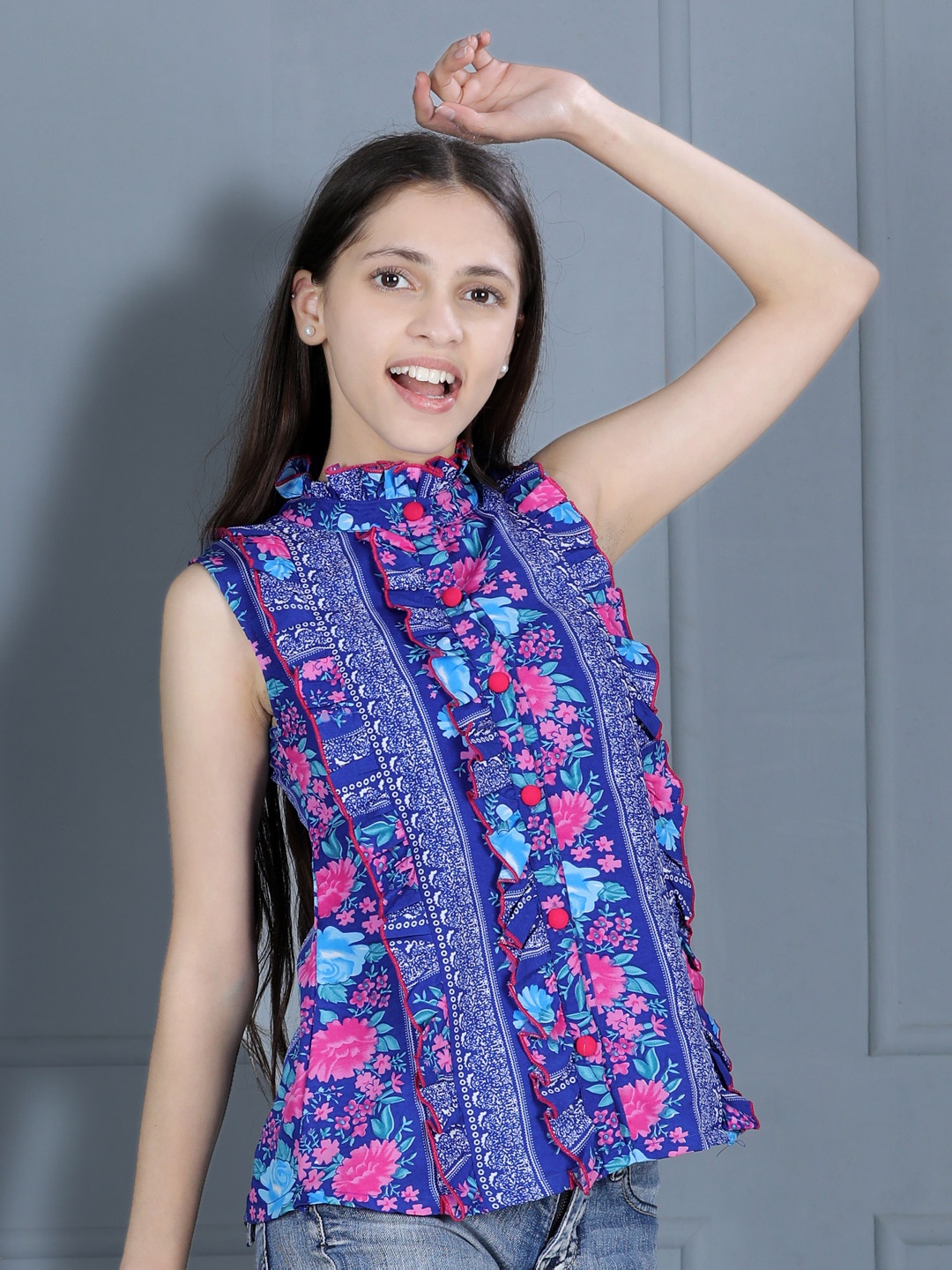 

Cutiekins Blue & Pink Floral Print Ruffles Crepe Top
