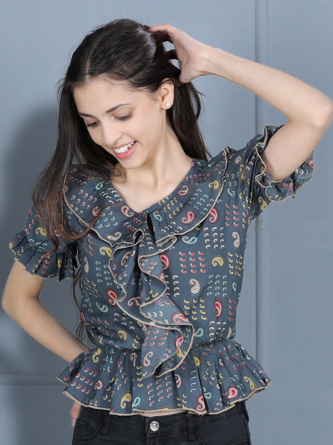 

Cutiekins Girls Blue Print Ruffles Crepe Top