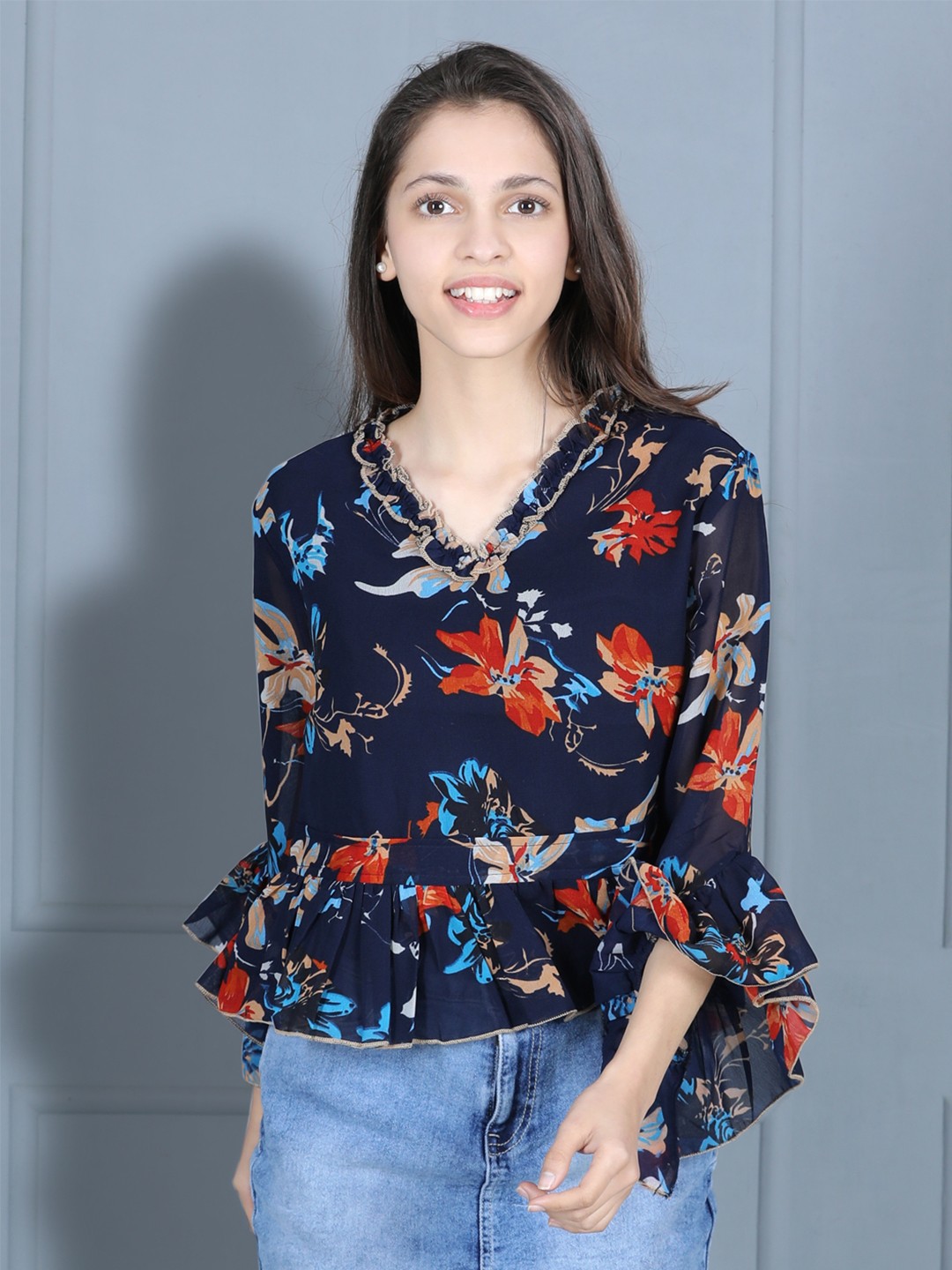 

Cutiekins Girls Navy Blue Floral Print Ruffles Crepe Top