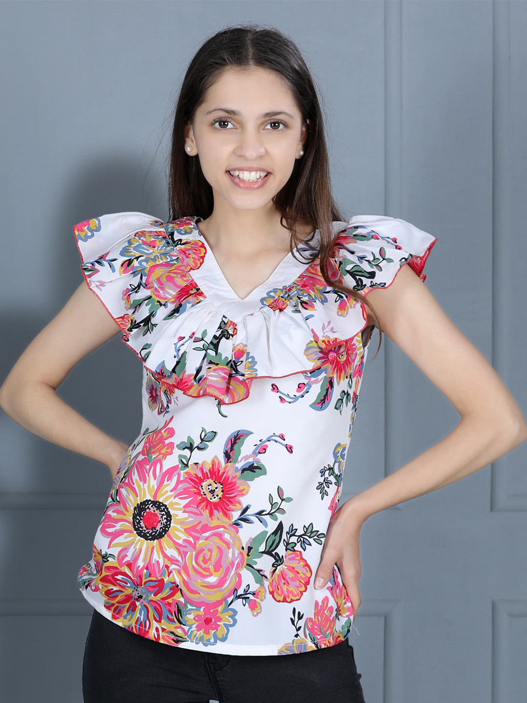 

Cutiekins Women White Floral Ruffled Crepe Top