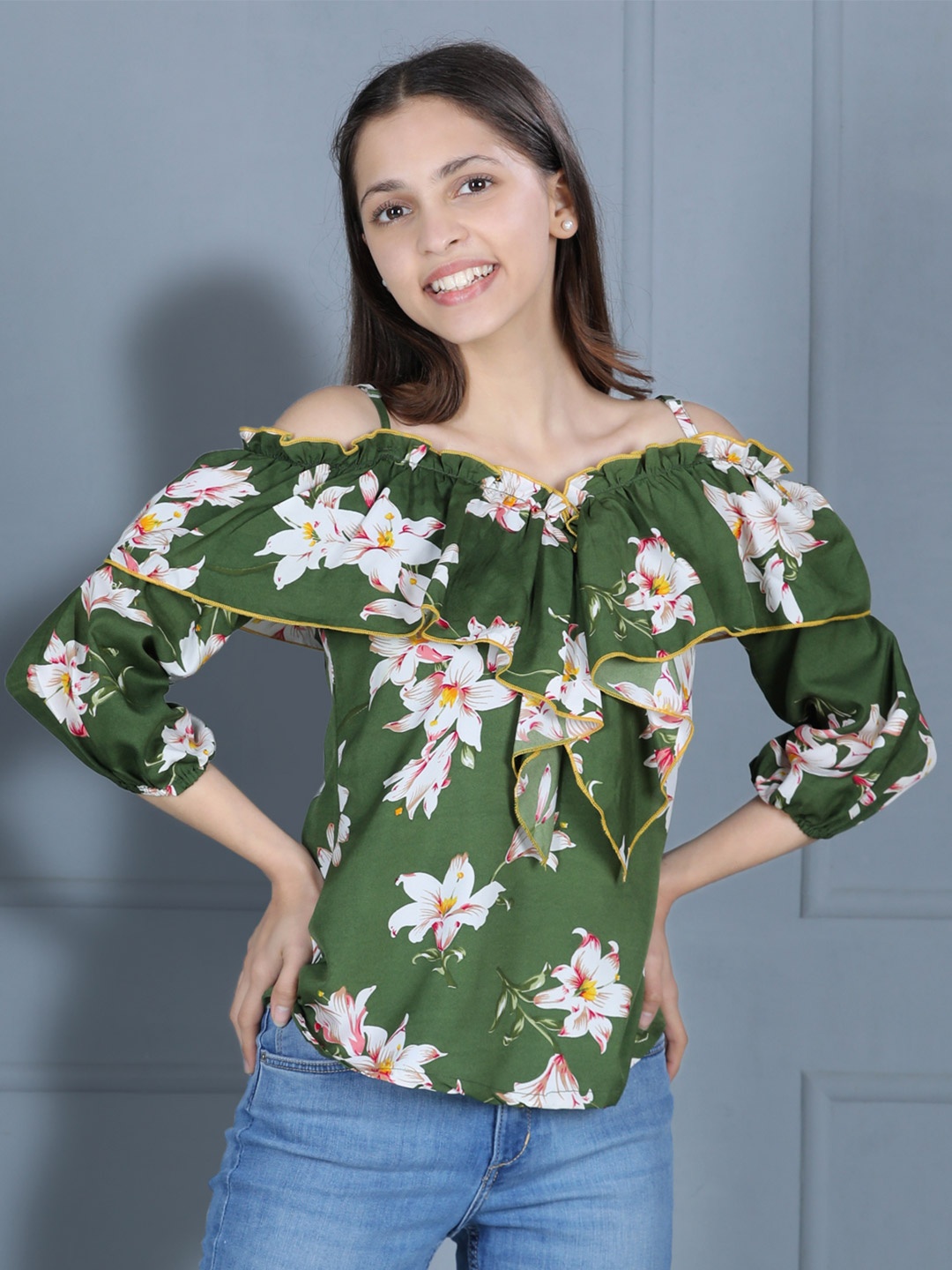 

Cutiekins Green & White Floral Print Ruffles Crepe Bardot Top