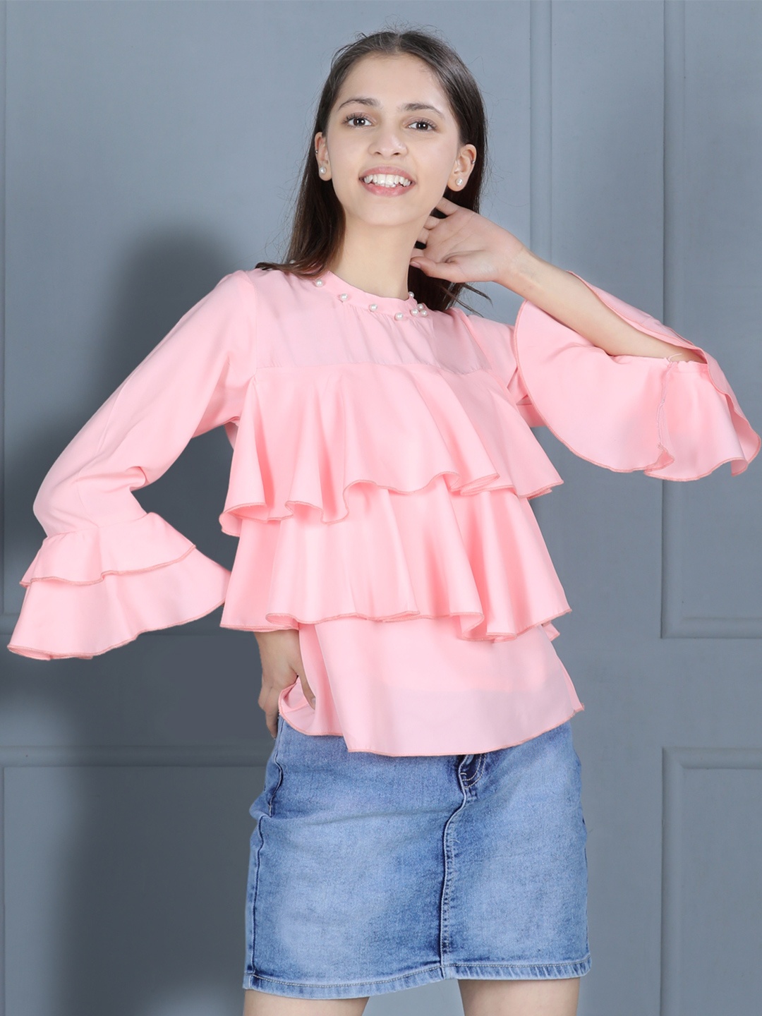 

Cutiekins Peach-Coloured Ruffled Crepe Tiered Top