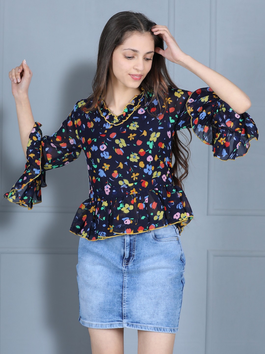 

Cutiekins Navy Blue & Multicoloured Floral Print Ruffles Crepe Top