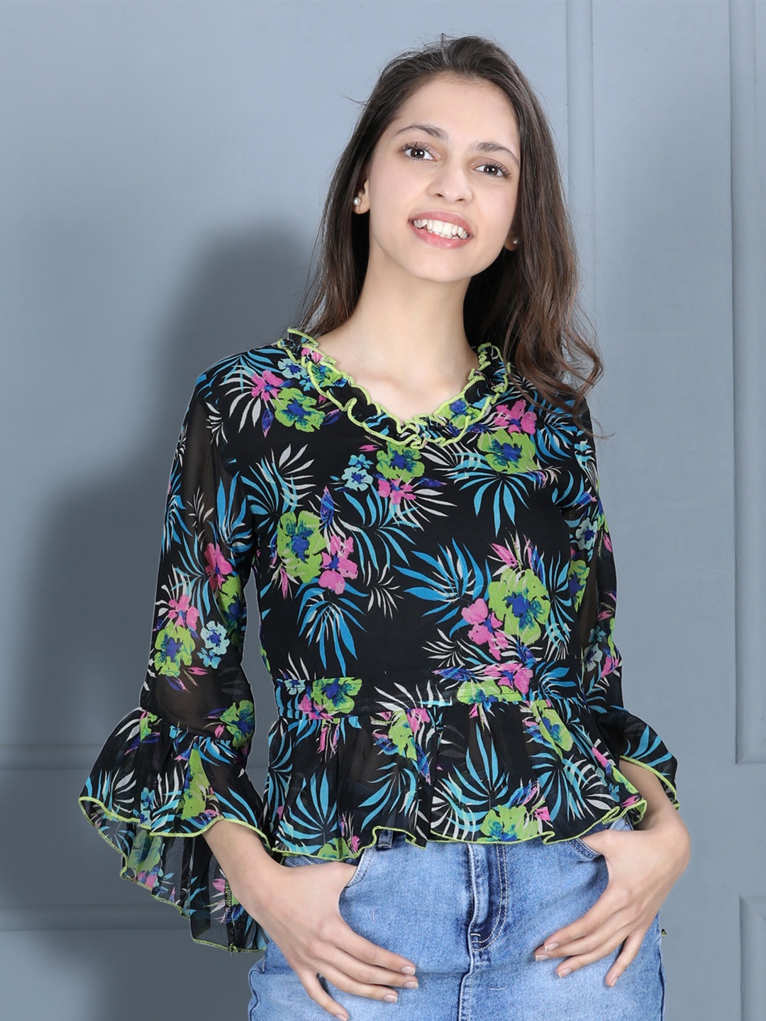 

Cutiekins Girls Black & Blue Floral Print V-neck Peplum Top