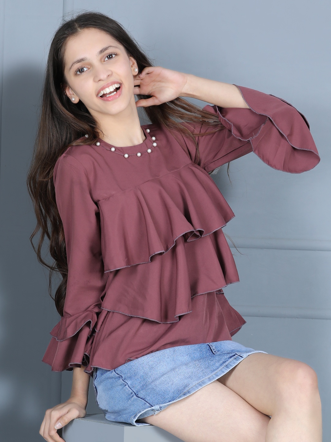 

Cutiekins Burgundy Solid Bell Sleeves Ruffles Crepe Tiered Top With Pearl Neck Detail