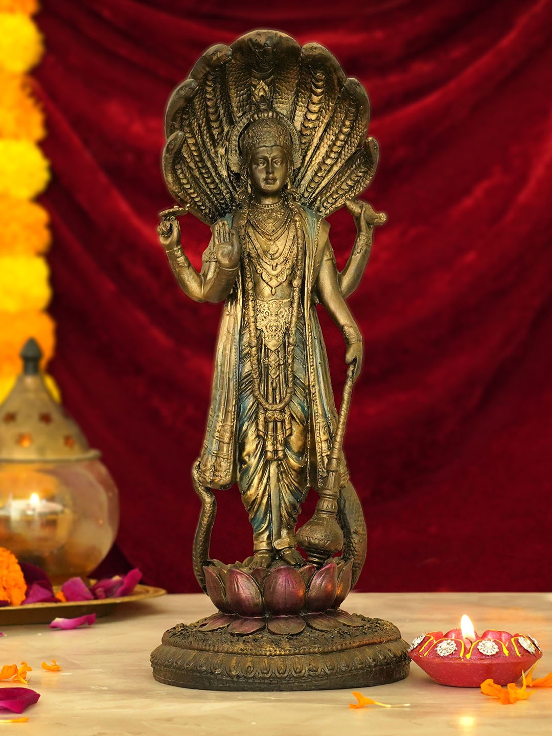 

TIED RIBBONS Copper-Toned Standing Lord Vishnu On Lotus Decorative Showpiece