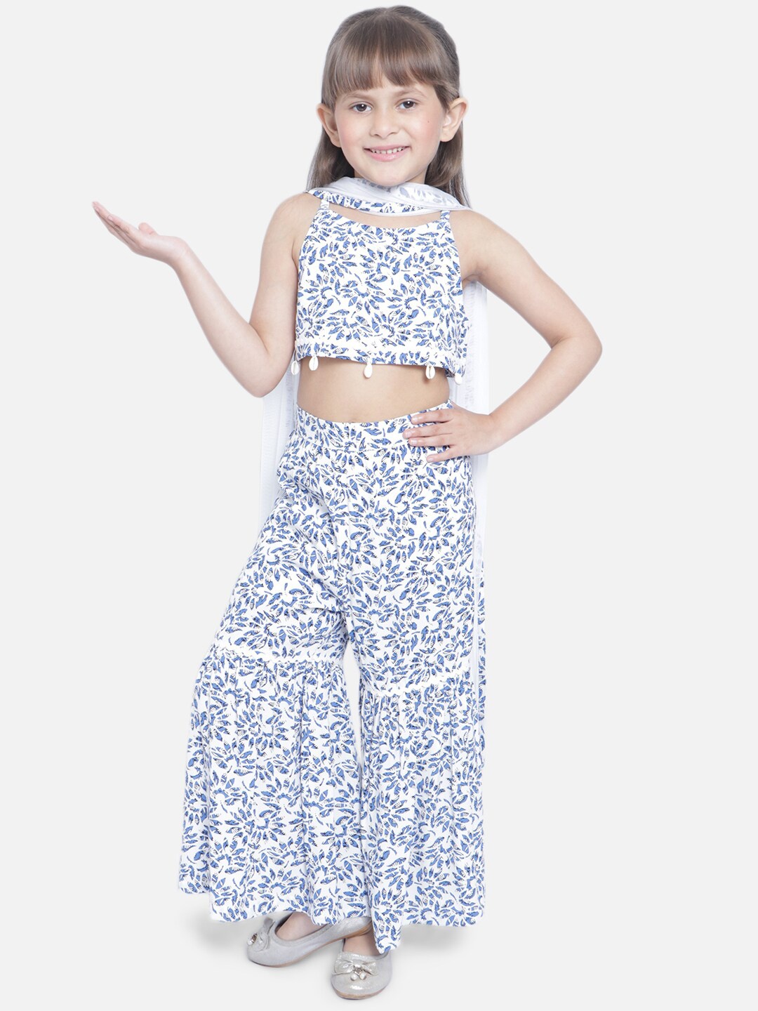

Nauti Nati Girls Blue & White Ethnic Motifs Printed Top with Sharara & Dupatta