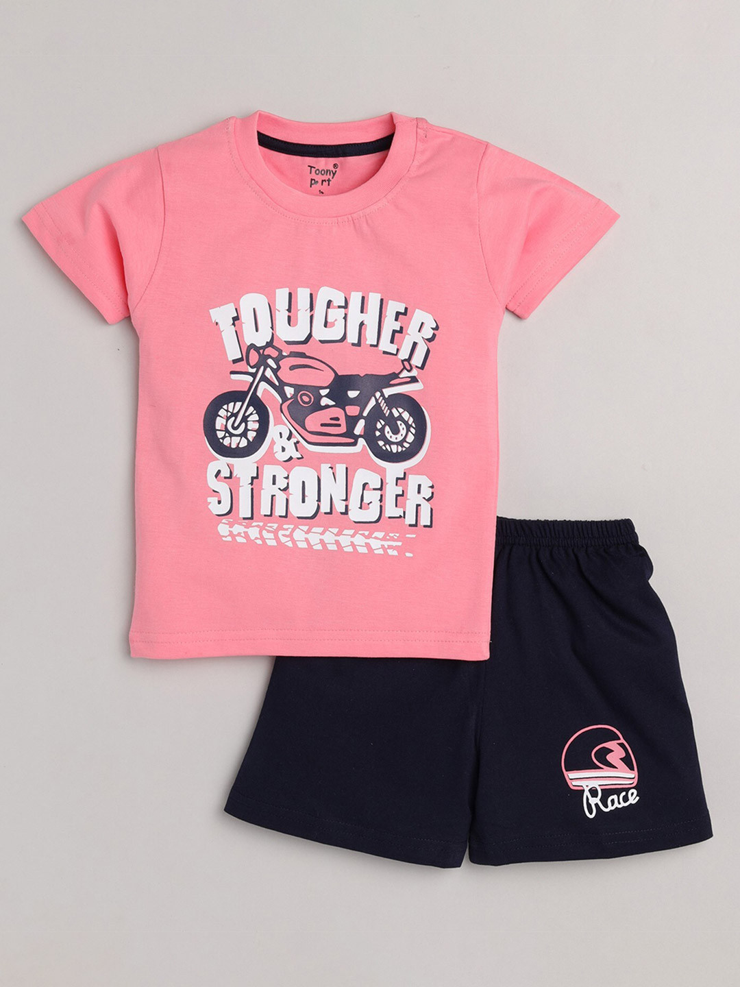 

Toonyport Boys Pink & Black Printed T-shirt With Shorts