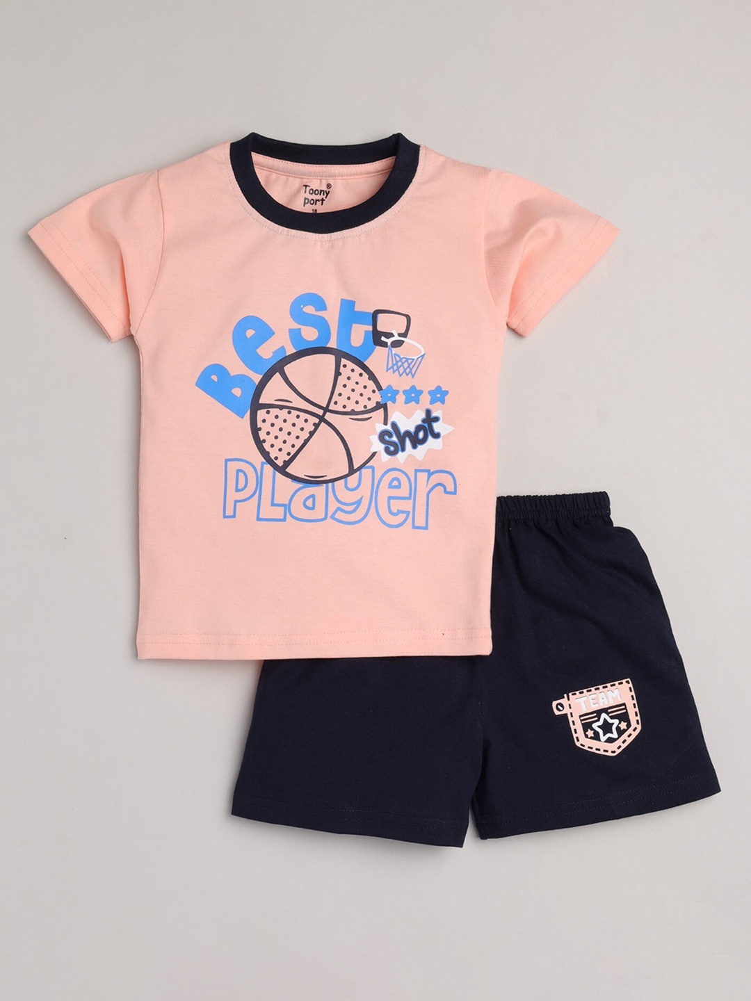 

Toonyport Boys Peach-Coloured & Blue Printed T-shirt with Shorts