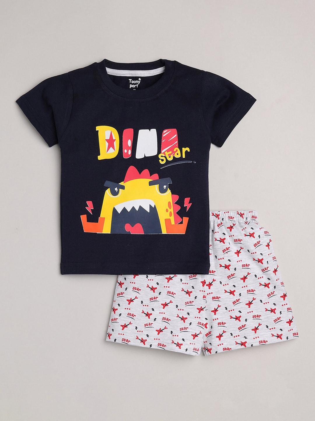 

Toonyport Boys Navy Blue & White Pure Cotton Printed T-shirt & Shorts