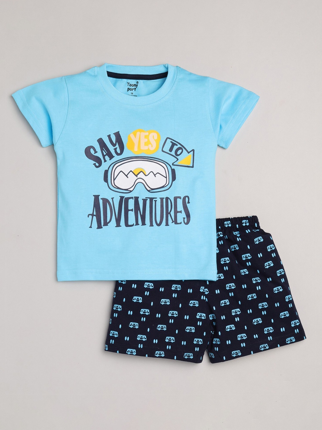 

Toonyport Boys Blue & Navy Blue Printed Pure Cotton T-Shirt & Shorts Set